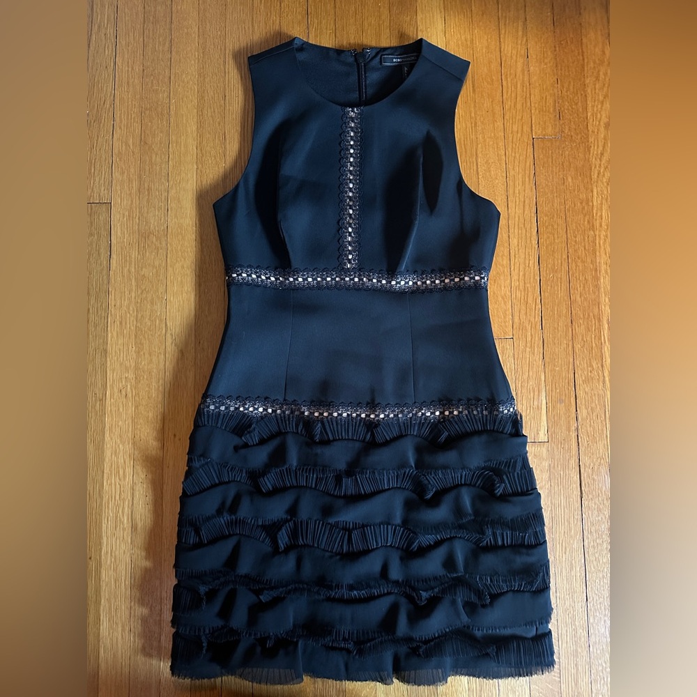 BCGBMaxAzria Maile Black & Beige Frilled Cocktail Dress, Size 2, NWOT - Picture 4 of 11